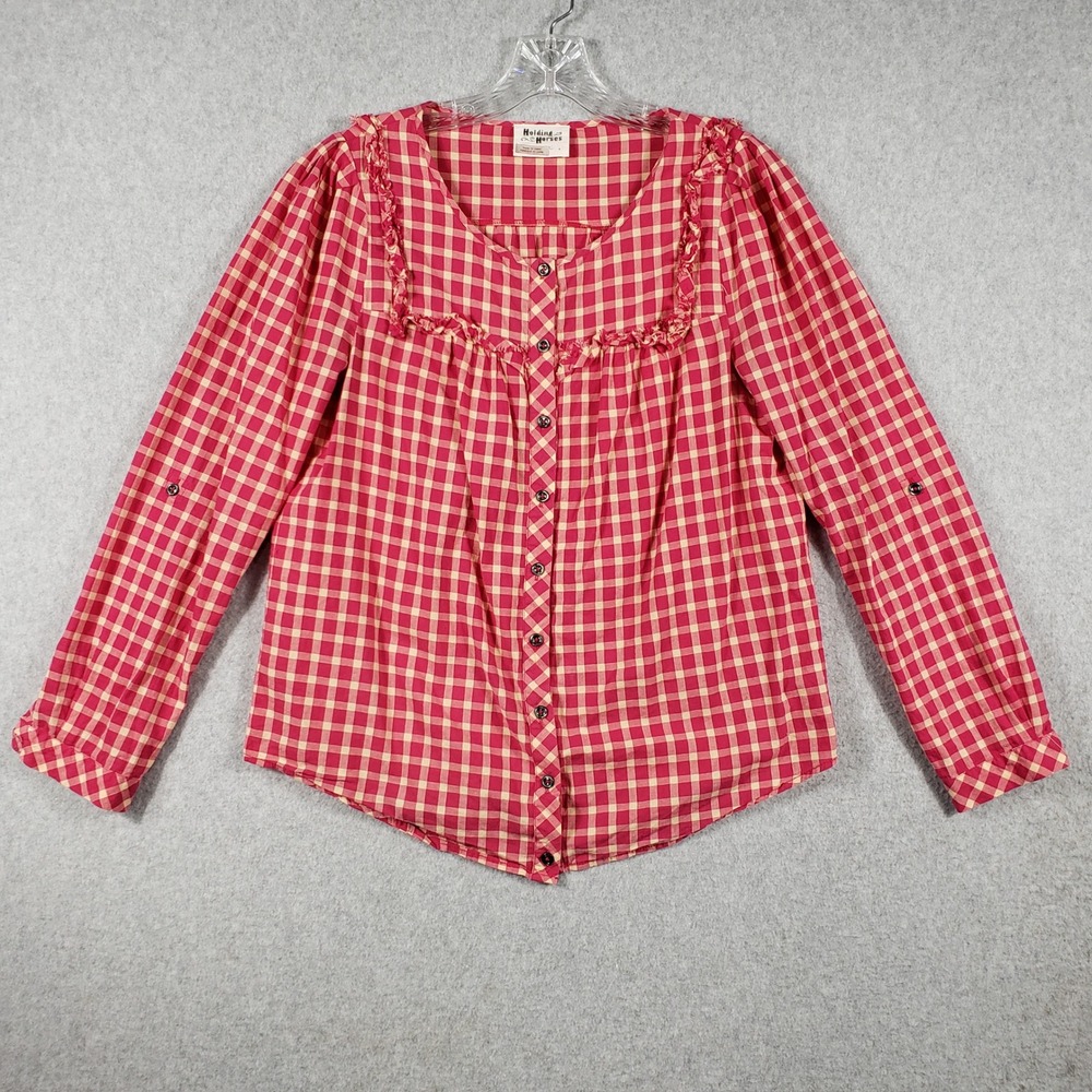 Holding Horses Gingham Ruffle Square Neck Top Red Beige Cottagecore Western Chic